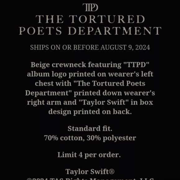 New Taylor Swift ttpd beige crewneck sweatshirt size small - Picture 5 of 12